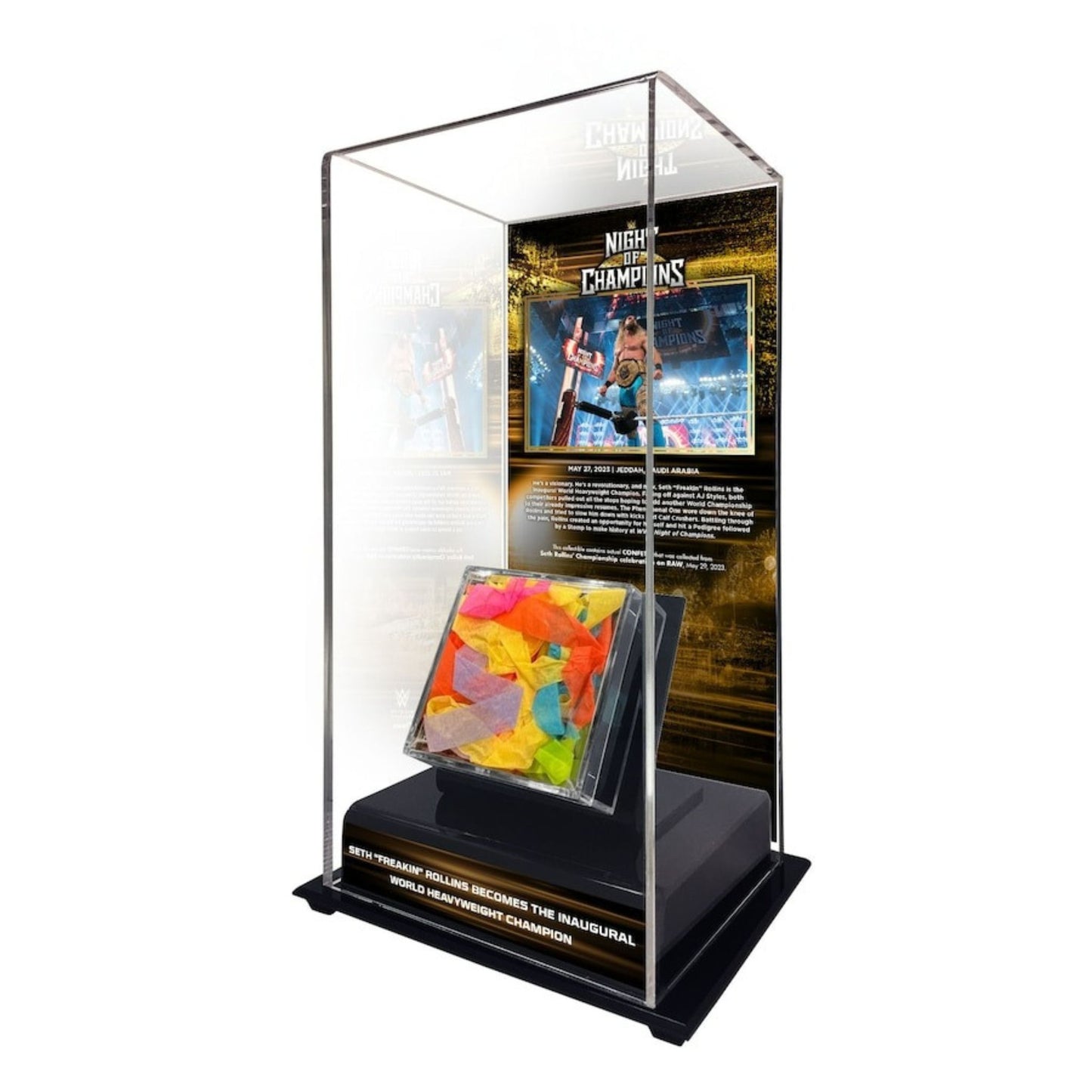Seth "Freakin" Rollins WWE Fanatics Authentic Inaugural World Heavyweight Champion Tall Display Case with RAW Celebration - Used Confetti - Trading Card Market