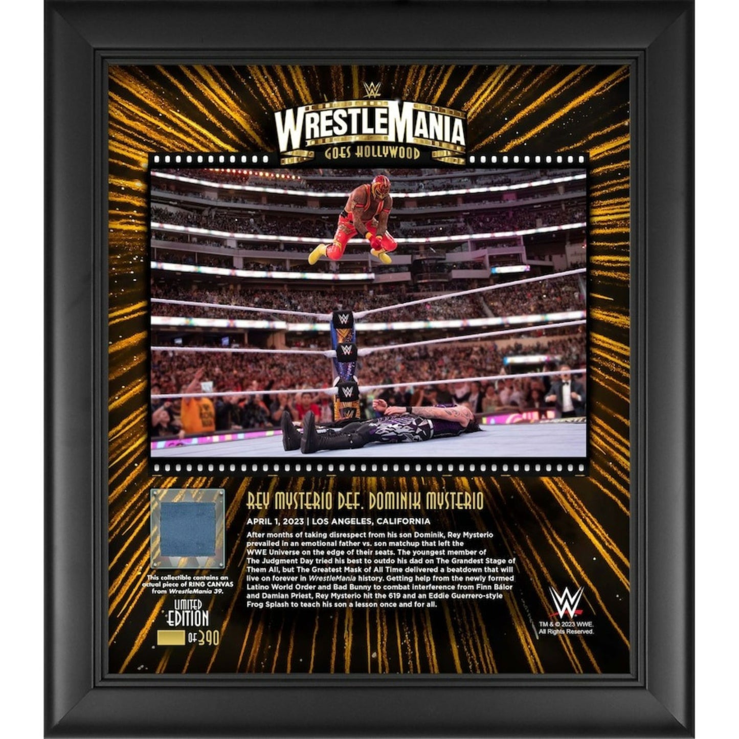 Rey Mysterio WWE Fanatics Authentic Framed 15" x 17" 2023 WrestleMania 39 Night 1 Collage with a Piece of Match - Used Canvas - Limited Edition of 390 - Trading Card Market