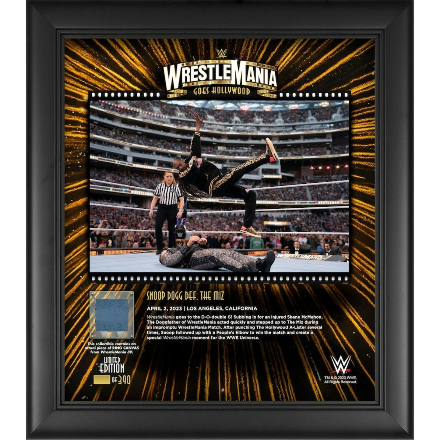 Snoop Dogg WWE Fanatics Authentic Framed 15" x 17" 2023 WrestleMania 39 Night 2 Collage with a Piece of Match - Used Canvas - Limited Edition of 390 - Trading Card Market