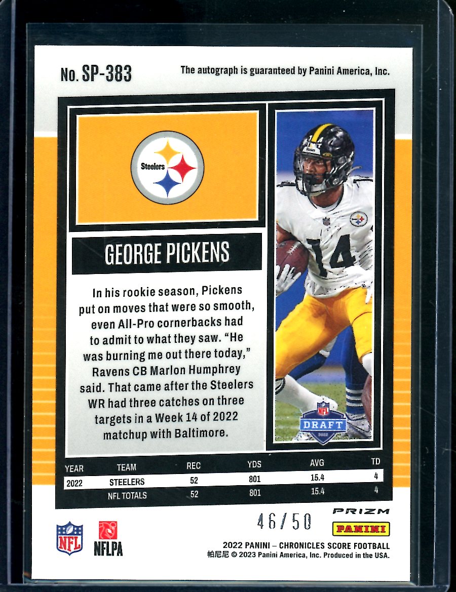 2022 Panini Chronicles Score George Pickens Rookie Auto Gold /50 Steelers