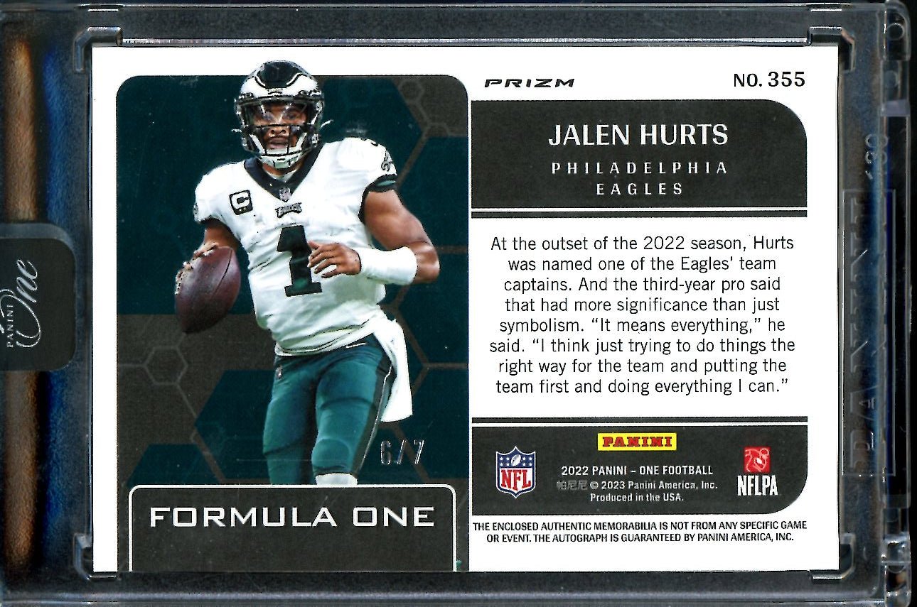 2022 Panini Panini One Jalen Hurts Formula One Patch Auto /7 Eagles - Trading Card Market
