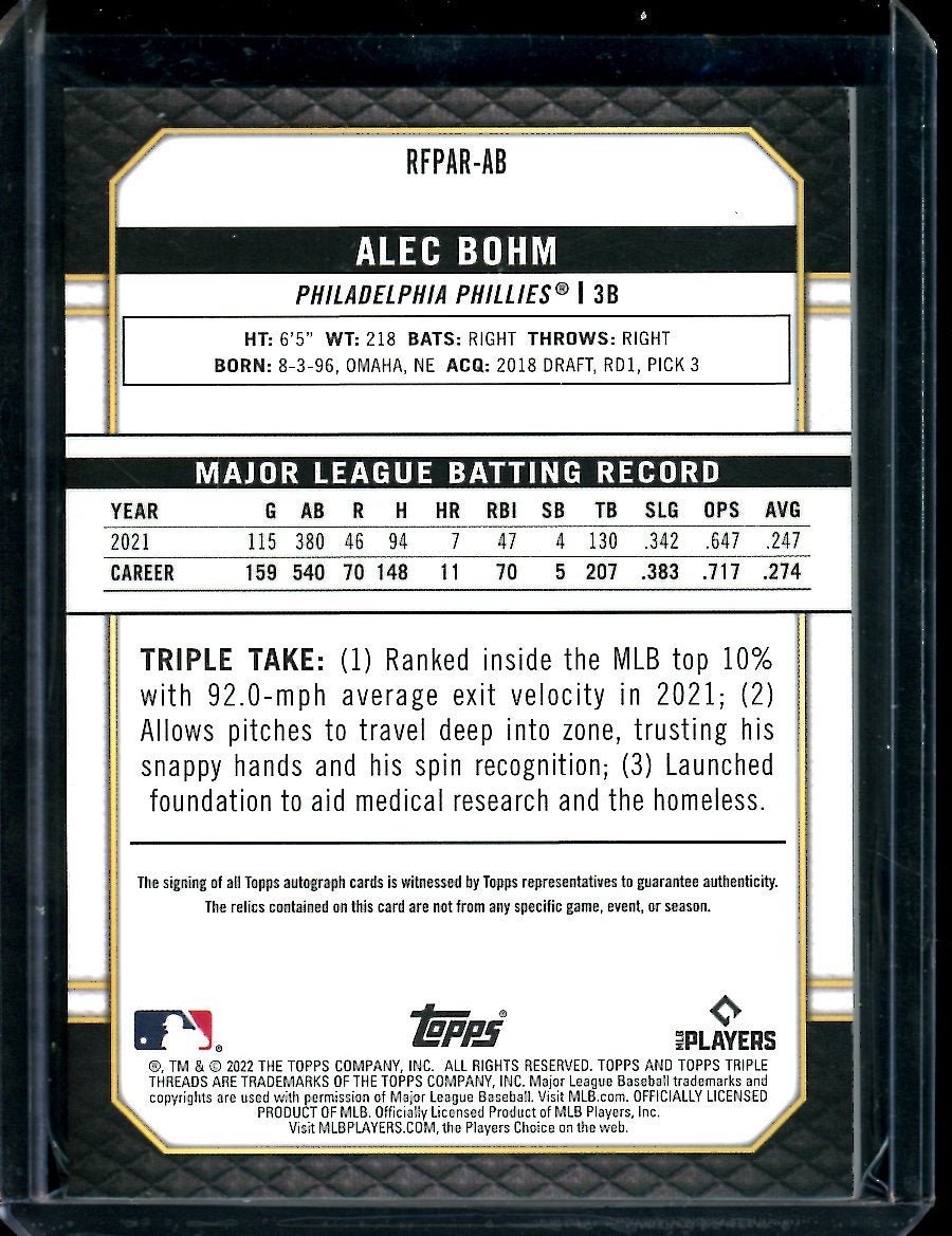 2022 Topps Triple Threads Alec Bohm Patch Auto /25 Phillies - Trading Card Market