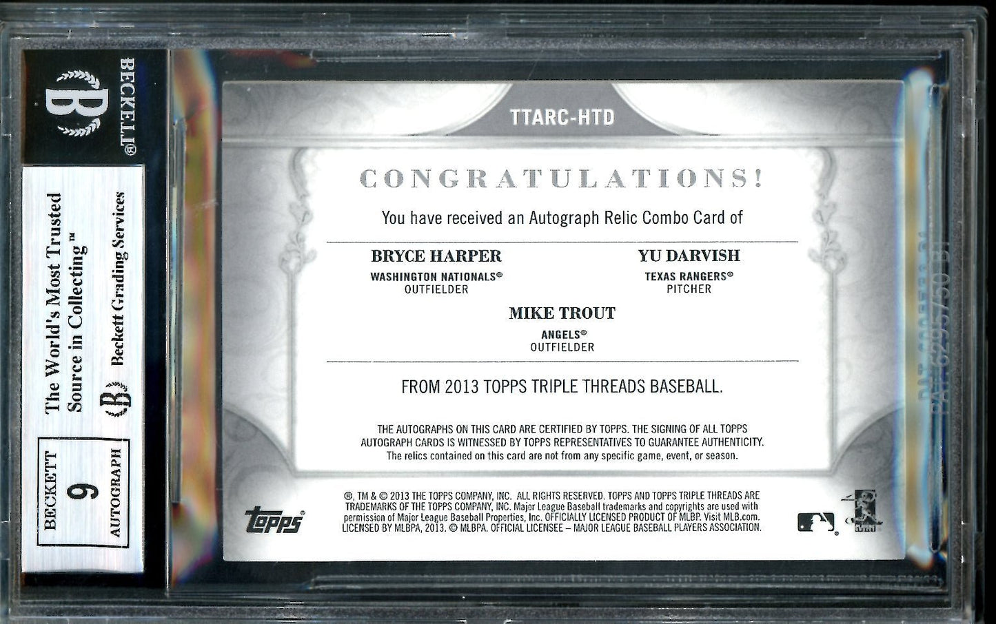 2013 Topps Triple Threads Bryce Harper/Mike Trout/Yu Darvish Triple Patch Auto /36 - Trading Card Market