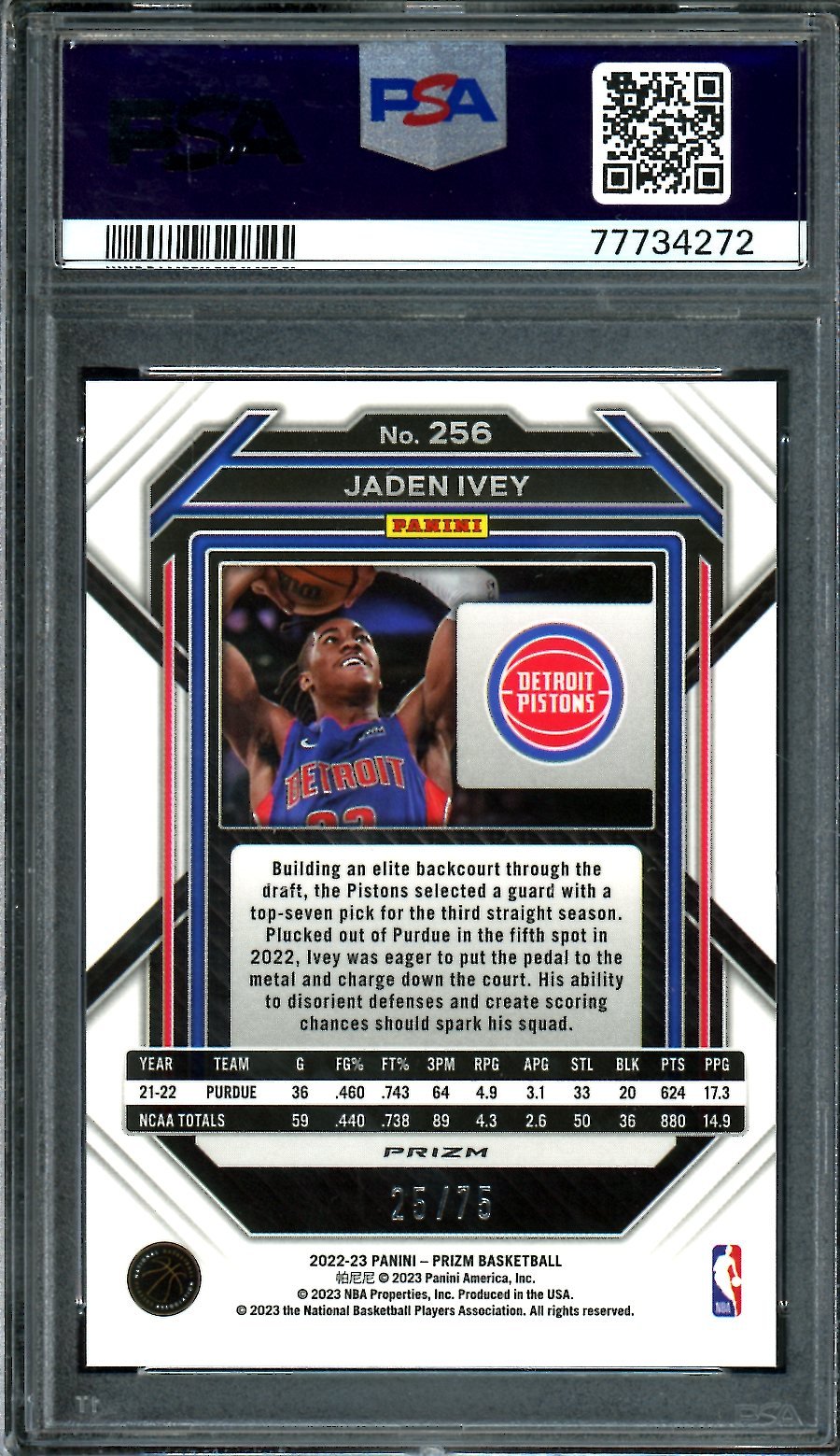 2022 - 23 Panini Prizm Jaden Ivey Rookie Purple Disco /75 PSA 10 Pistons - Trading Card Market