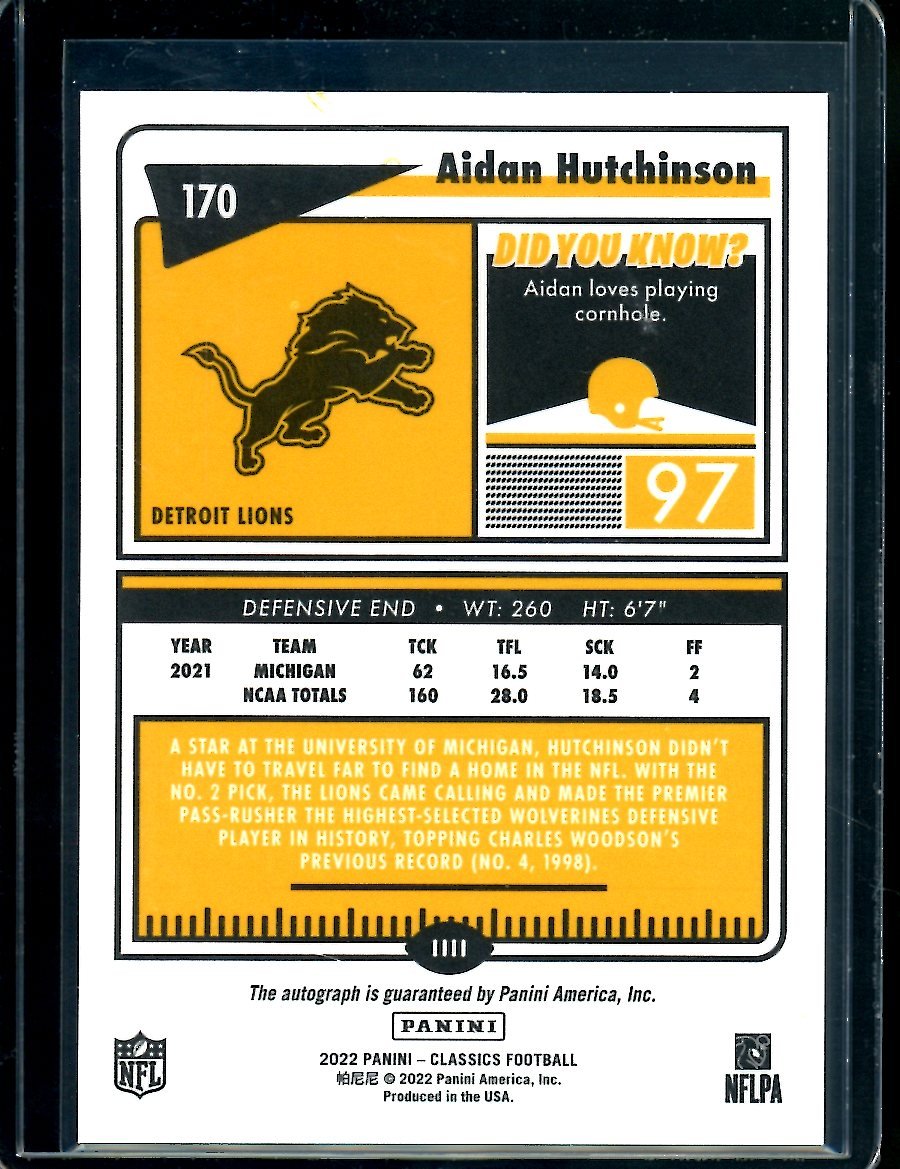 2022 Panini Classics Aidan Hutchinson Rookie Auto Lions - Trading Card Market