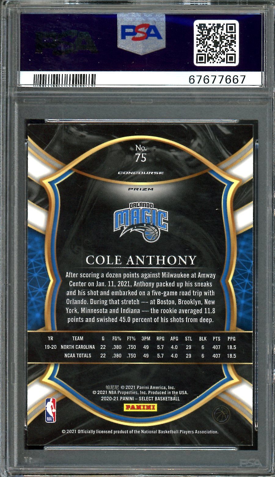 2020 - 21 Panini Select Cole Anthony Rookie Elephant SSP PSA 10 Magic - Trading Card Market