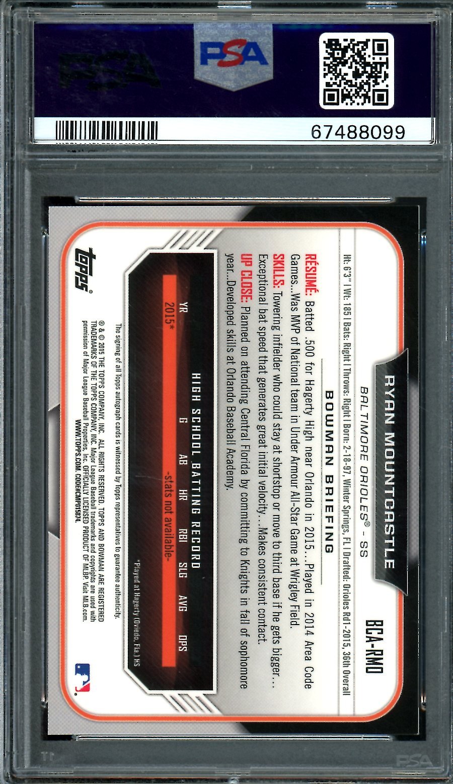 2015 Topps Bowman Chrome Ryan Mountcastle 1st Bowman Auto PSA 10 Orioles - Trading Card Market