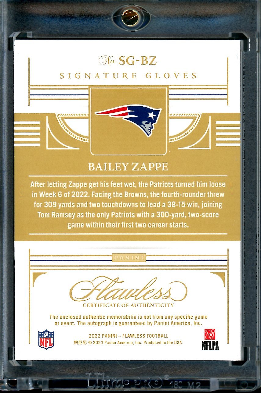 2022 Panini Flawless Bailey Zappe Rookie Auto Signatures Gloves RPA Green /5 Patriots - Trading Card Market