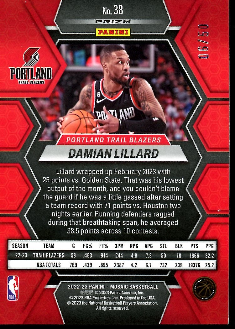 2022 - 23 Panini Mosaic Damian Lillard Purple Disco /50 Trailblazers - Trading Card Market