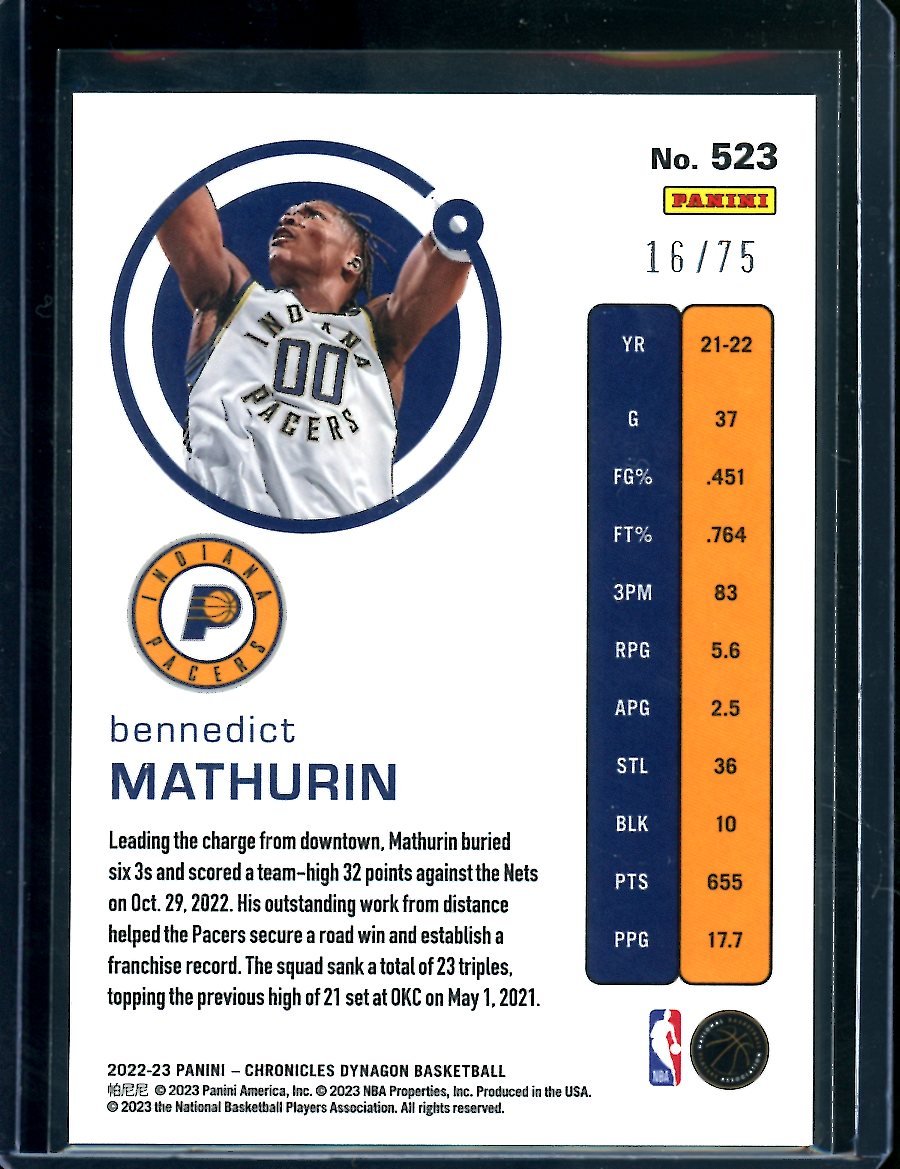 2022 - 23 Panini Chronicles Bennedict Mathurin Rookie Orange /75 Pacers - Trading Card Market