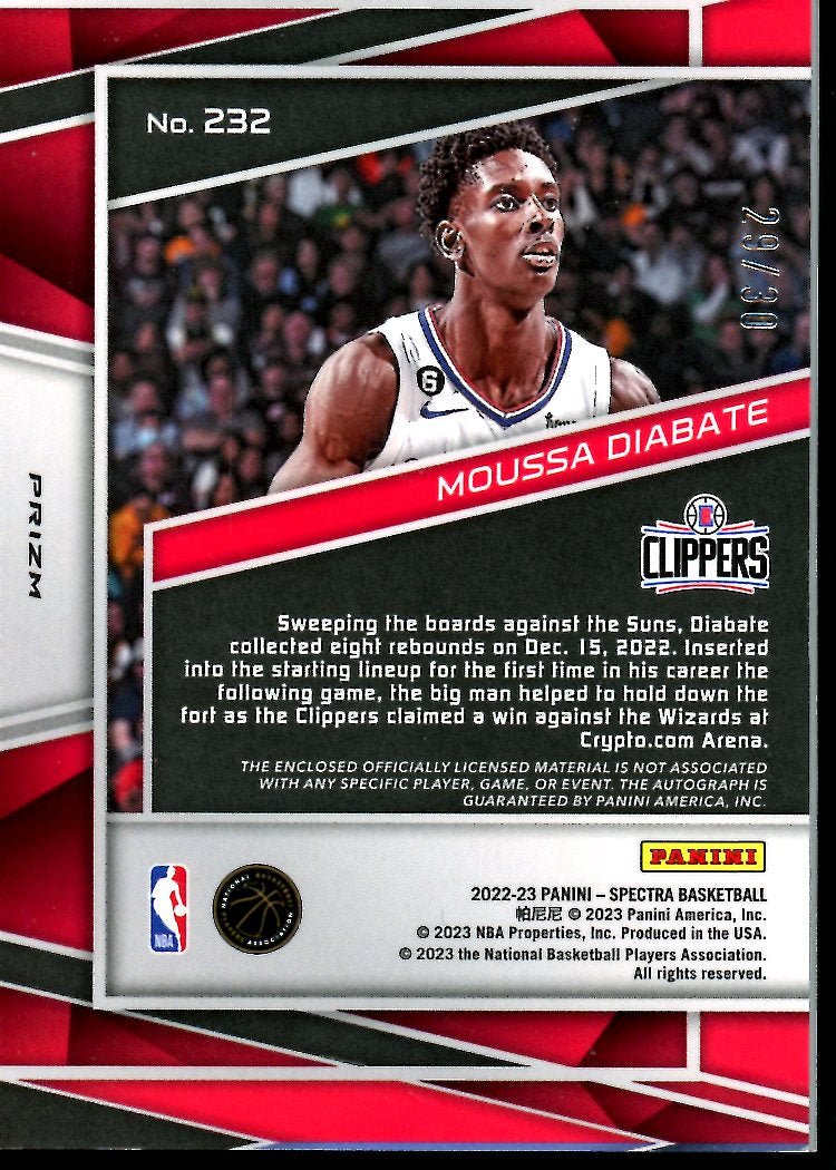 2022 - 23 Panini Spectra Moussa Diabate Rookie RPA /30 Clippers - Trading Card Market