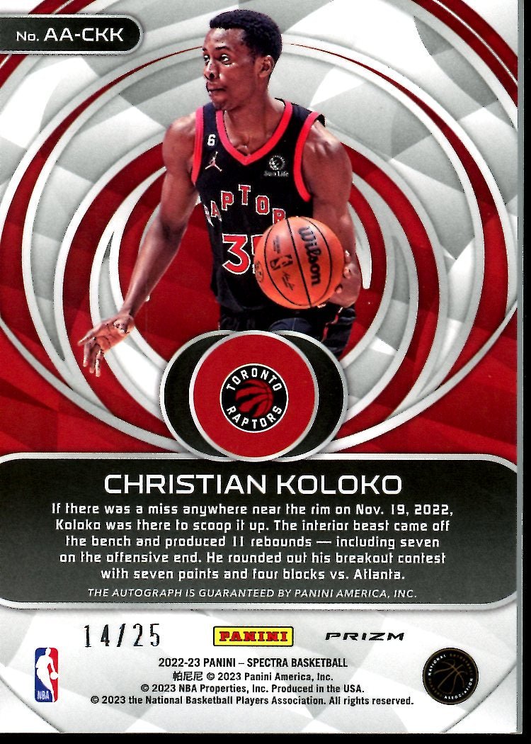 2022 - 23 Panini Spectra Christian Koloko Rookie Aspiring Auto /25 Raptors - Trading Card Market
