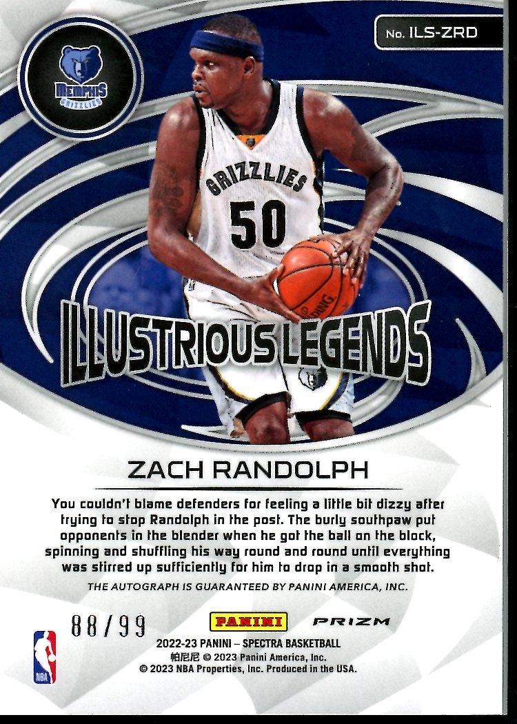 2022 - 23 Panini Spectra Zach Randolph Illustrious Legends Auto /99 Grizzlies - Trading Card Market
