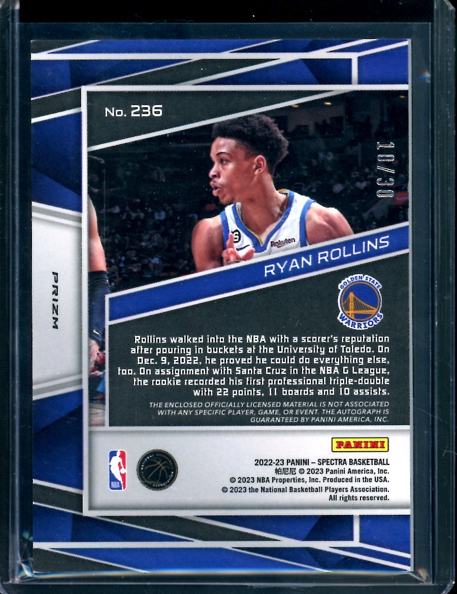 2022 - 23 Panini Spectra Ryan Rollins Rookie RPA /30 Warriors - Trading Card Market