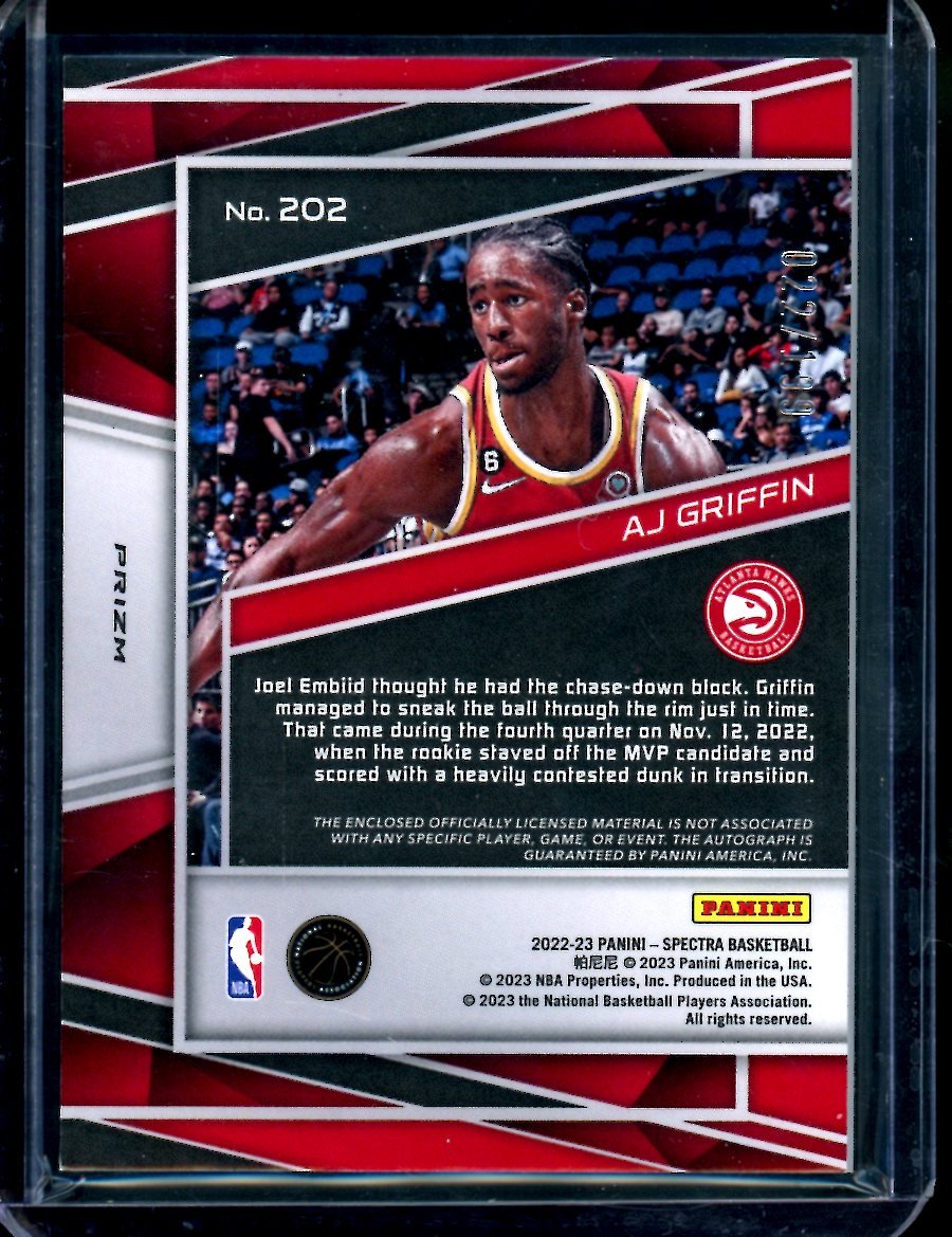 2022 - 23 Panini Spectra AJ Griffin Rookie RPA /199 Hawks - Trading Card Market