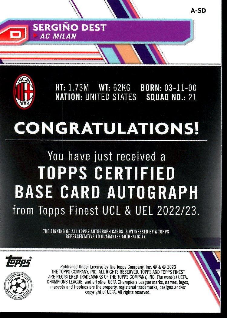 2023 Topps Finest Sergino Dest Auto Blue /150 AC Milan - Trading Card Market