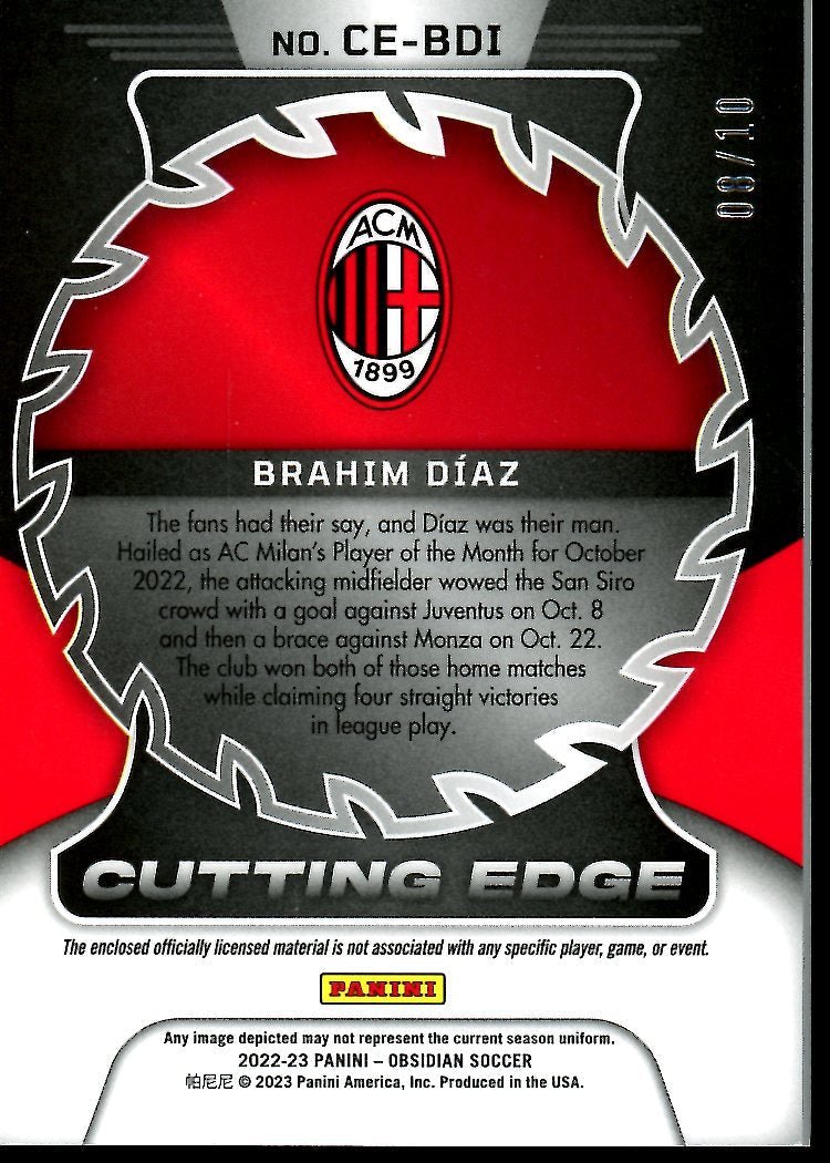2022 - 23 Panini Obsidian Brahim Diaz Cutting Edge Patch Gold /10 AC Milan - Trading Card Market