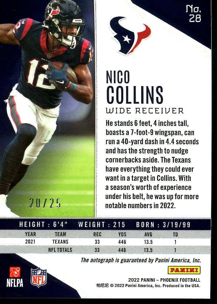 2022 Panini Phoenix Nico Collins Auto /25 Texans - Trading Card Market