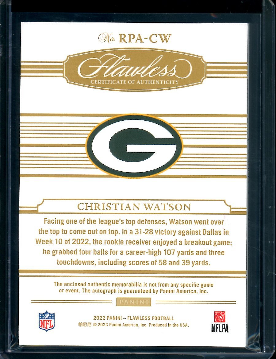 2022 Panini Flawless Christian Watson Rookie RPA Red /15 Packers - Trading Card Market