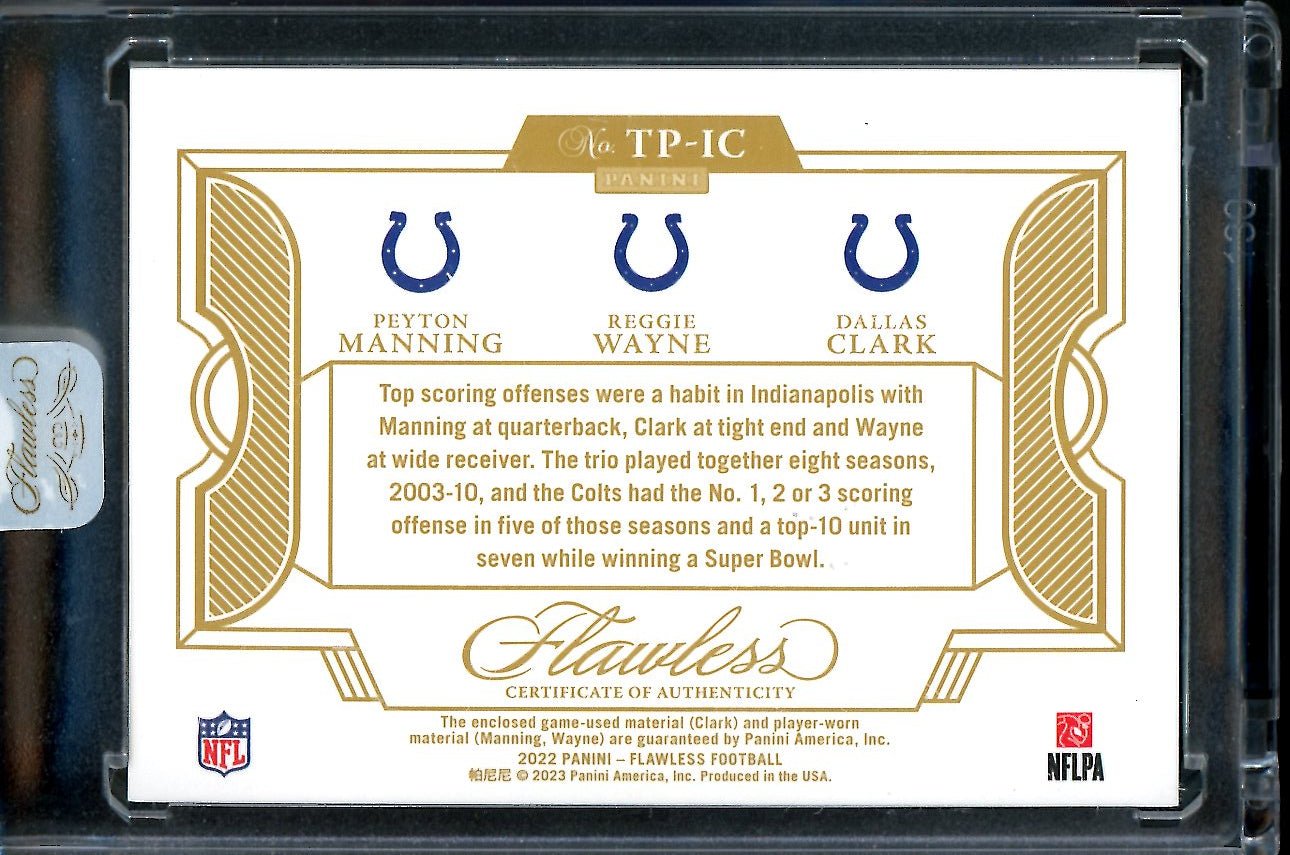 2022 Panini Flawless Peyton Manning/Reggie Wayne/Dallas ClarkTriple Patch Gold /25 Colts - Trading Card Market