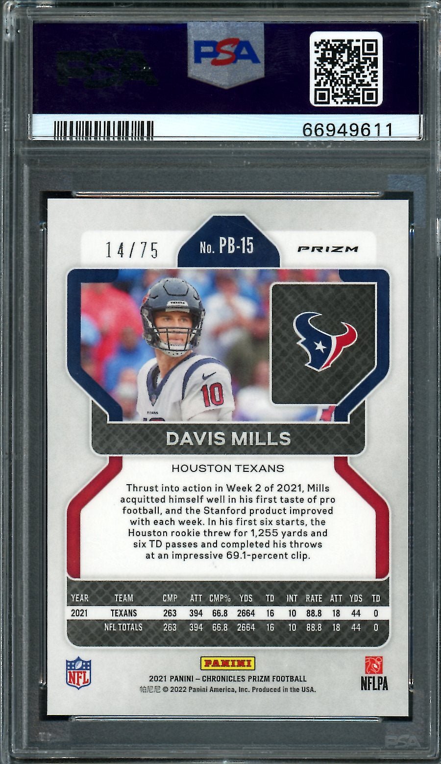 2021 Panini Chronicles Prizm Black Davis Mills Rookie Orange /75 PSA 9 Texans - Trading Card Market