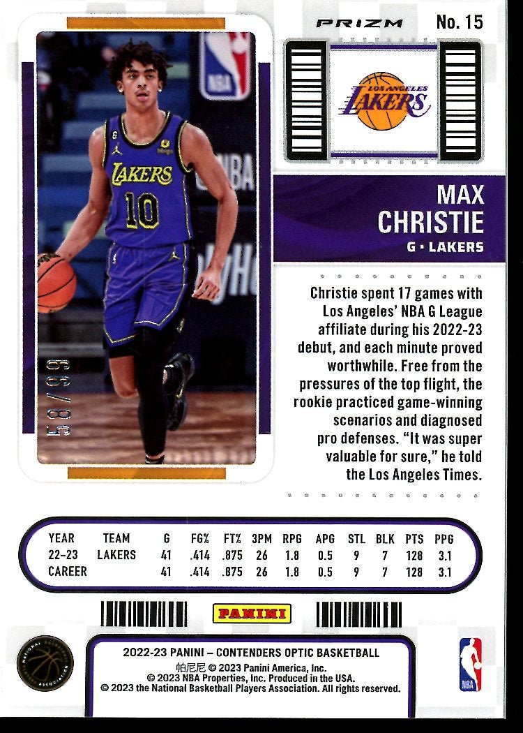 2022 - 23 Panini Contenders Optic Max Christie Rookie Ticket Blue /99 Lakers - Trading Card Market