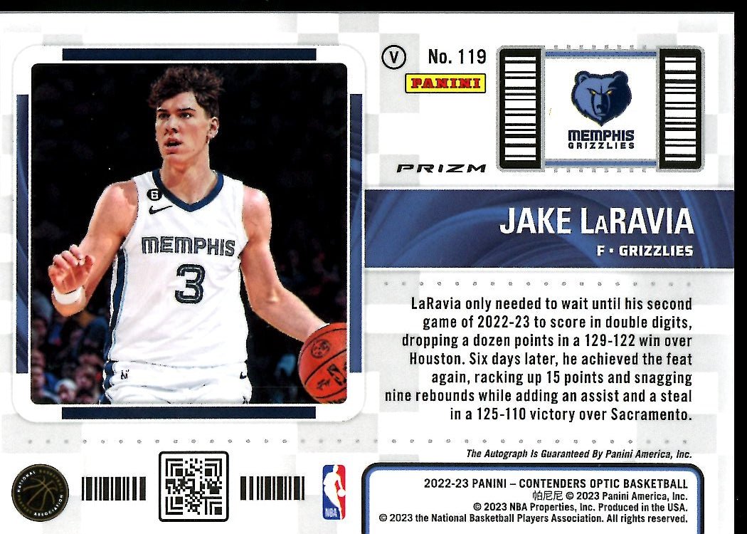 2022 - 23 Panini Contenders Optic Jake LaRavia Rookie Tictet Variation Auto Grizzlies - Trading Card Market