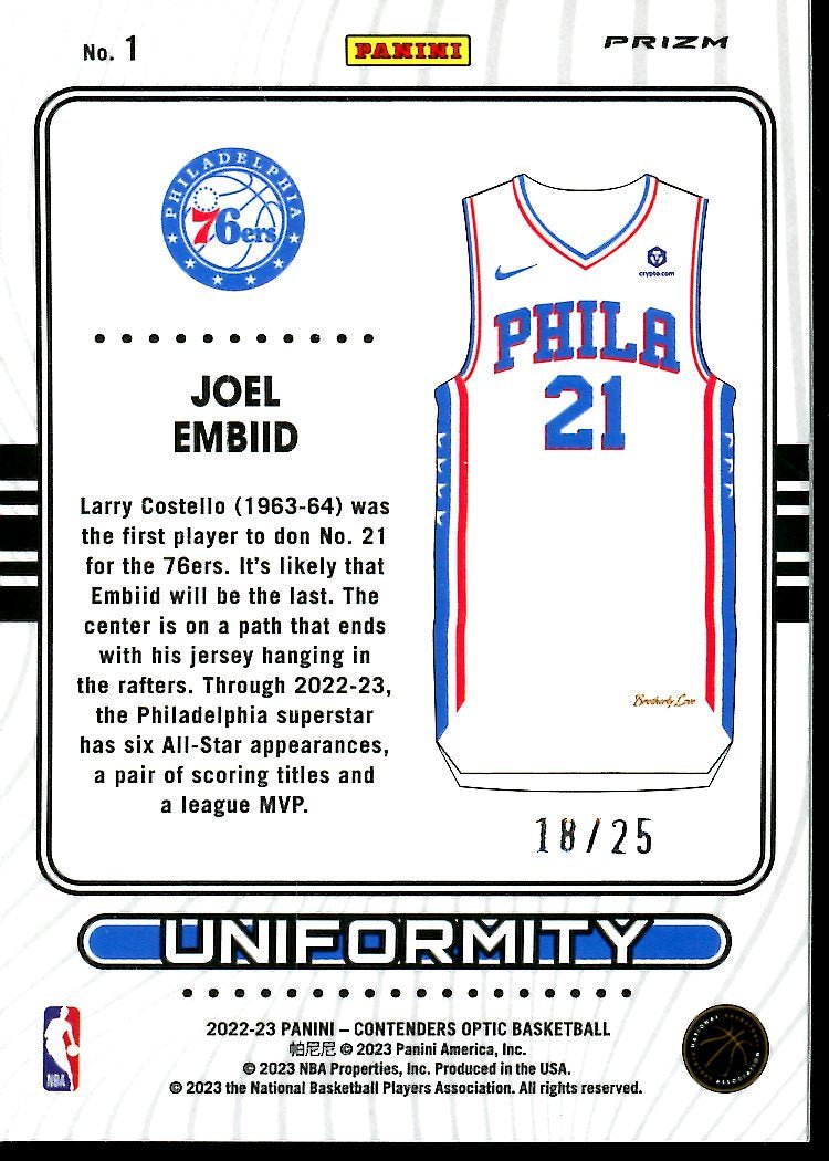 2022 - 23 Panini Contenders Optic Joel Embiid Uniformity Green Pulsar /25 76ers - Trading Card Market
