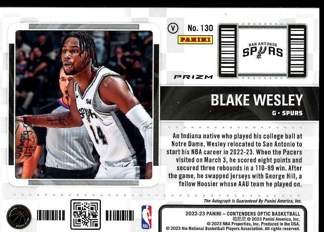 2022 - 23 Panini Contenders Optic Blake Wesley Rookie Ticket Variation Red Auto /99 Spurs - Trading Card Market