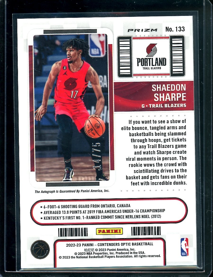 2022 - 23 Panini Contenders Optic Shaedon Sharpe Rookie Ticket Auto Green /75 Trail Blazers - Trading Card Market