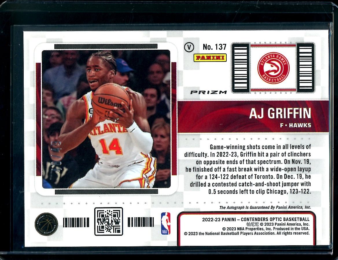 2022 - 23 Panini Contenders Optic AJ Griffin Rookie Variation Ticket Auto Blue /49 Hawks - Trading Card Market