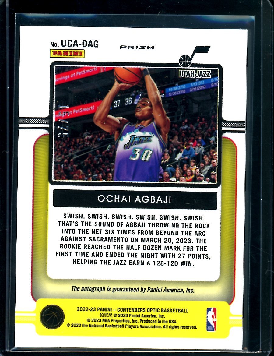 2022 - 23 Panini Contenders Optic Ochai Agbaji Rookie Up & Coming Auto Blue /75 Jazz - Trading Card Market