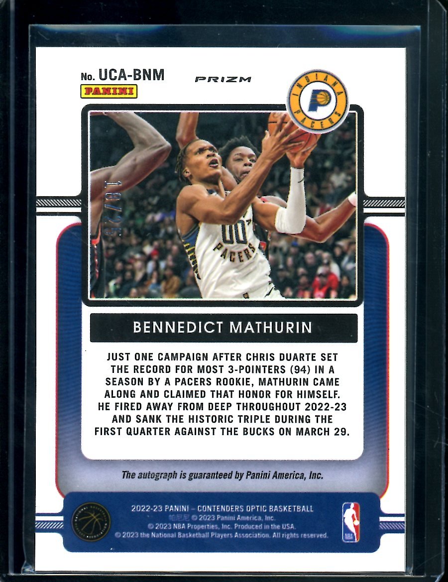 2022 - 23 Panini Contenders Optic Bennedict Mathurin Rookie Up & Coming Auto Orange /25 Pacers - Trading Card Market