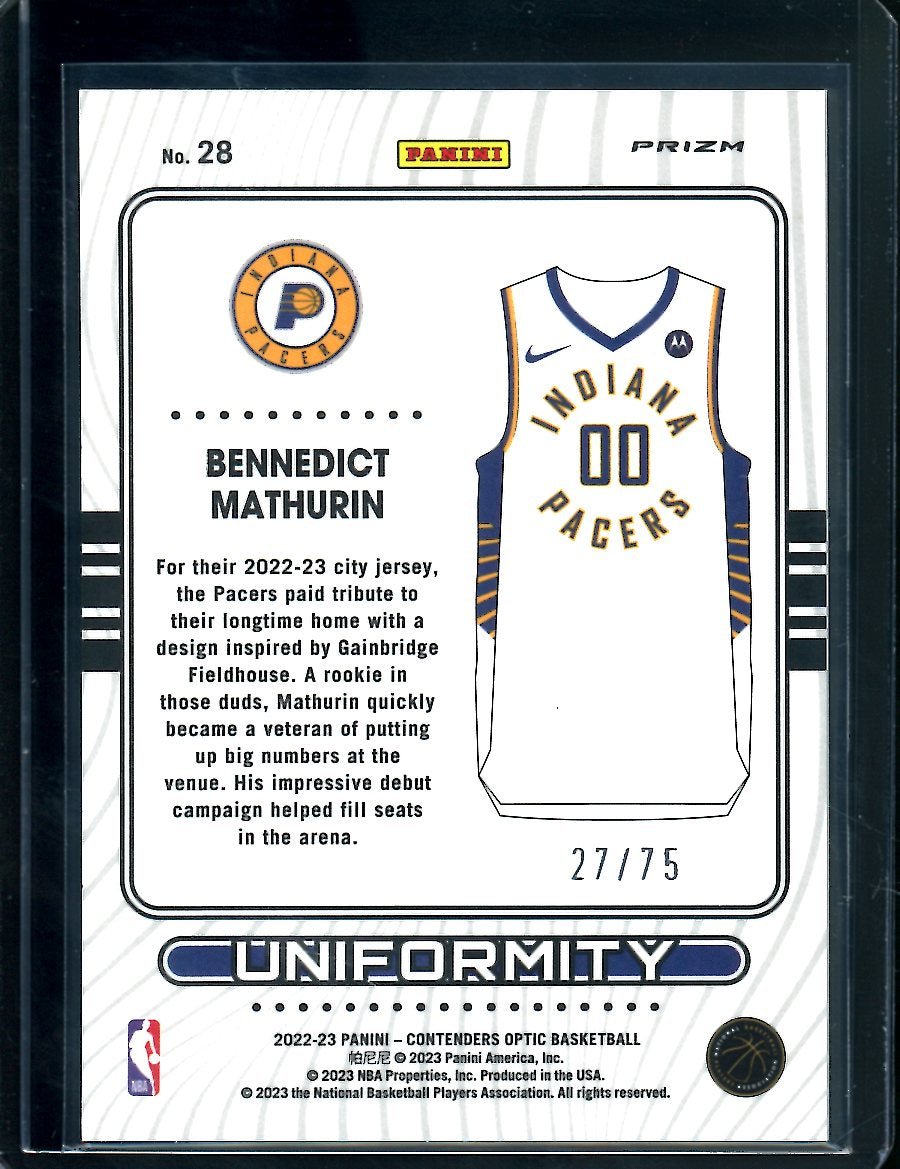 2022 - 23 Panini Contenders Optic Bennedict Mathurin Rookie Uniformity Blue Ice /75 Pacers - Trading Card Market