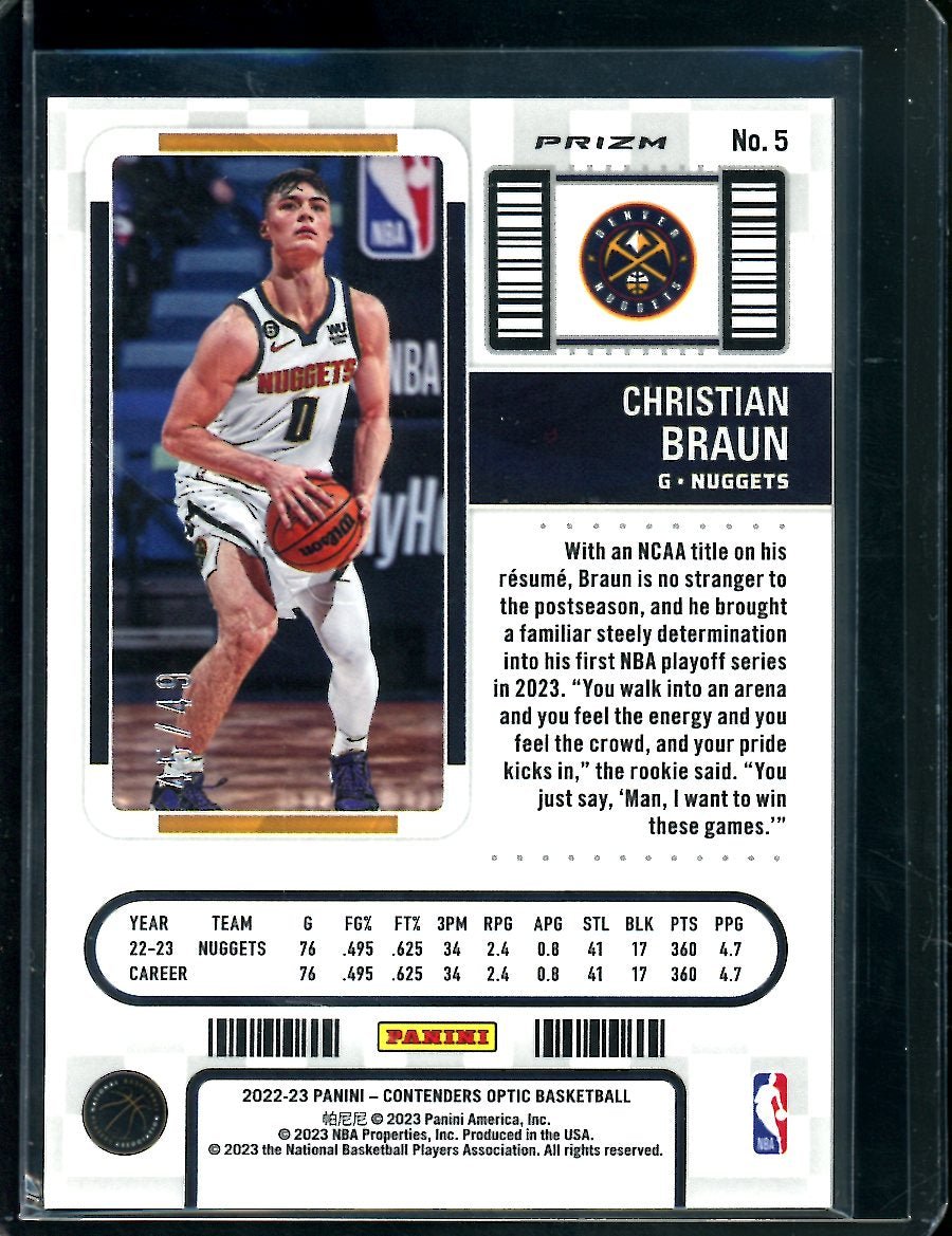 2022 - 23 Panini Contenders Optic Christian Braun Rookie Ticket Orange /49 Nuggets - Trading Card Market