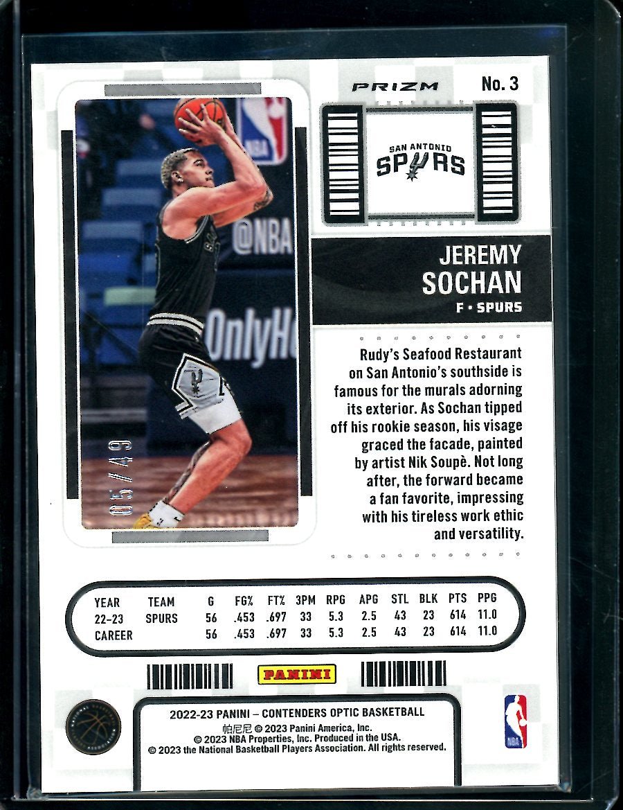 2022 - 23 Panini Contenders Optic Jeremy Sochan Rookie Ticket Orange /49 Spurs - Trading Card Market