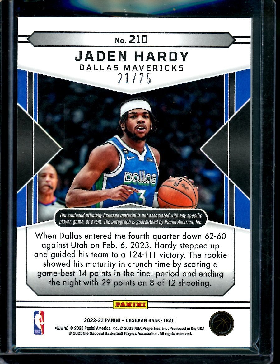 2022 - 23 Panini Obsidian Jaden Hardy Rookie RPA /75 Mavericks - Trading Card Market