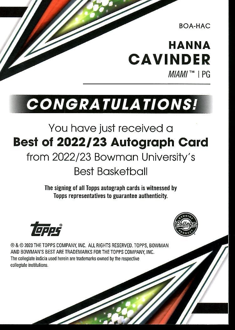 2023 Topps Bowman University Hanna Cavinder Auto Miami Hurricanes - Trading Card Market