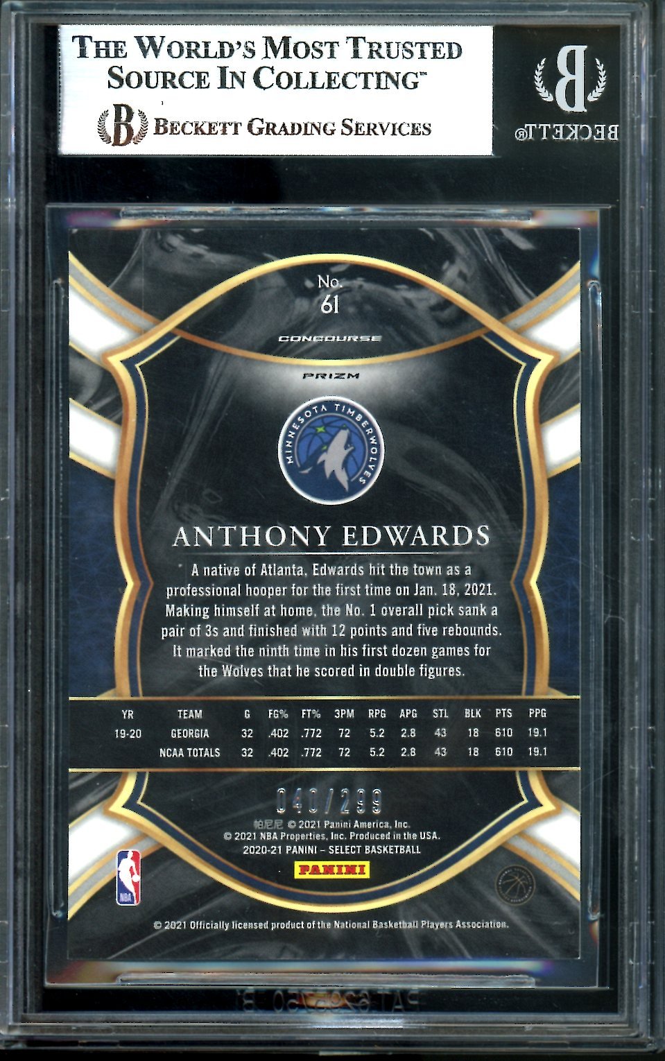 2020 - 21 Panini Select Anthony Edwards Rookie Light Blue /299 BGS 8.5 Timberwolves - Trading Card Market