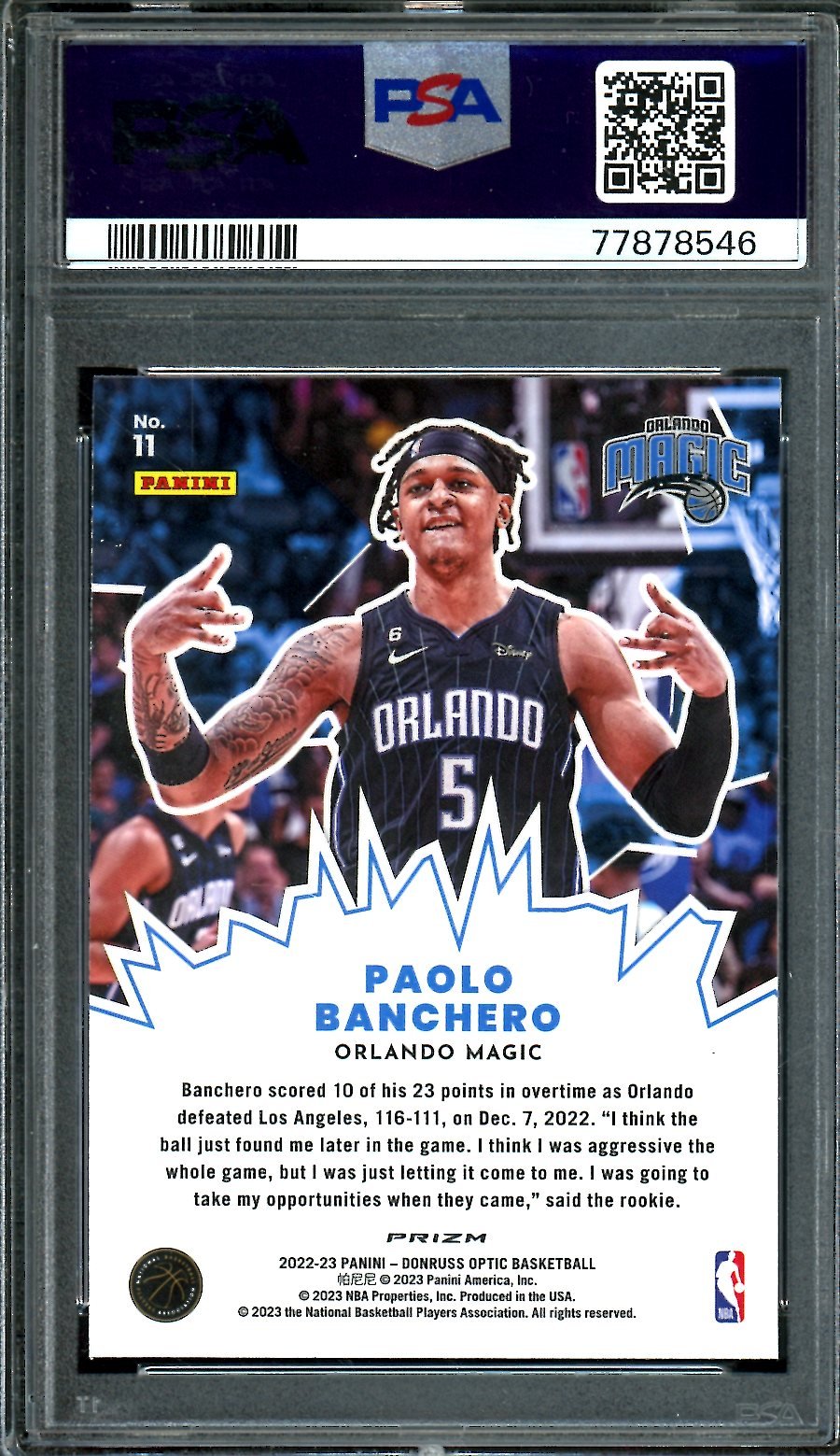 2022 - 23 Panini Optic Paolo Banchero Rookie My House Purple PSA 9 Magic - Trading Card Market