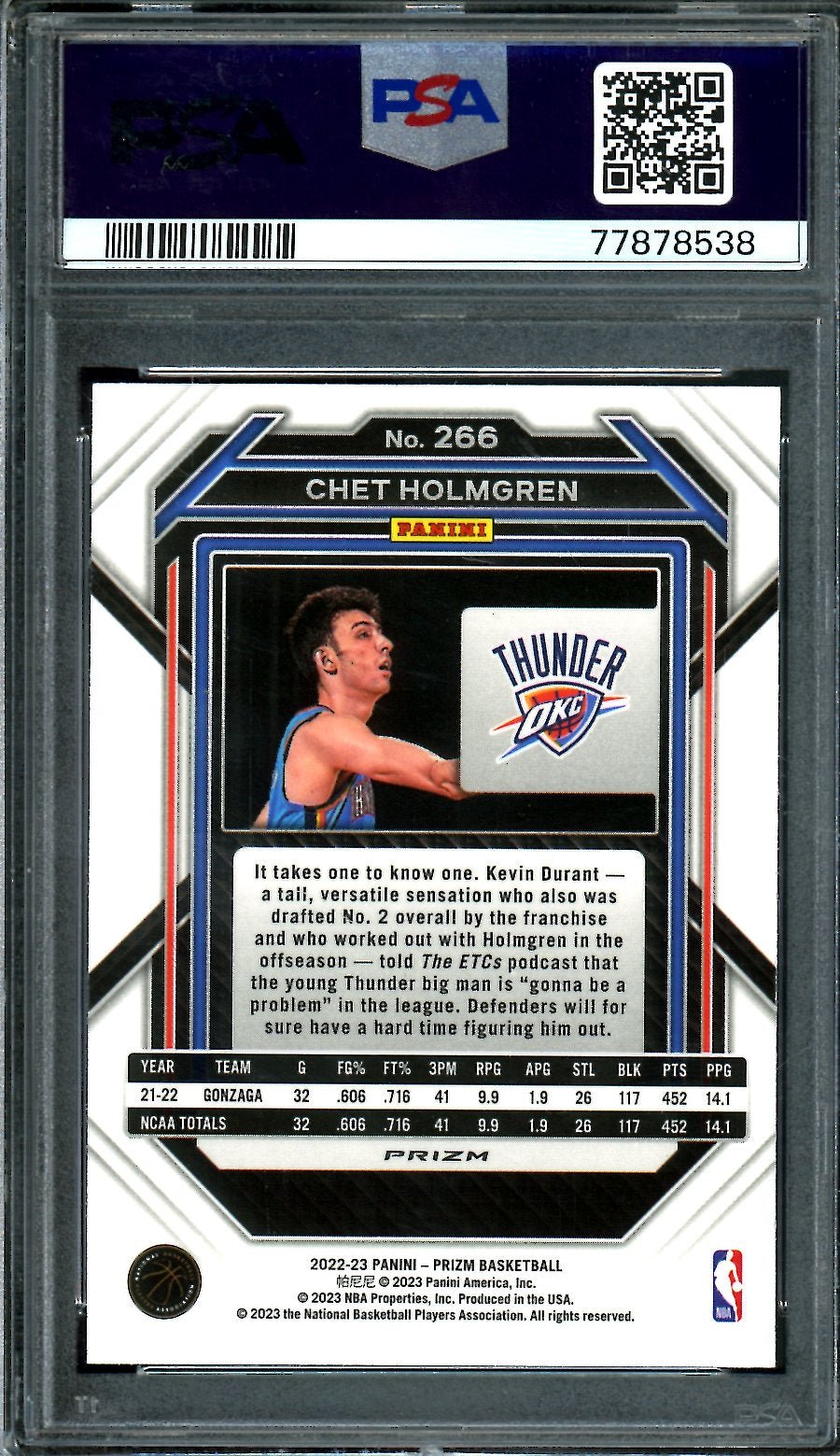 2022 - 23 Panini Prizm Chet Holmgren Rookie Red Ice PSA 9 Thunder - Trading Card Market