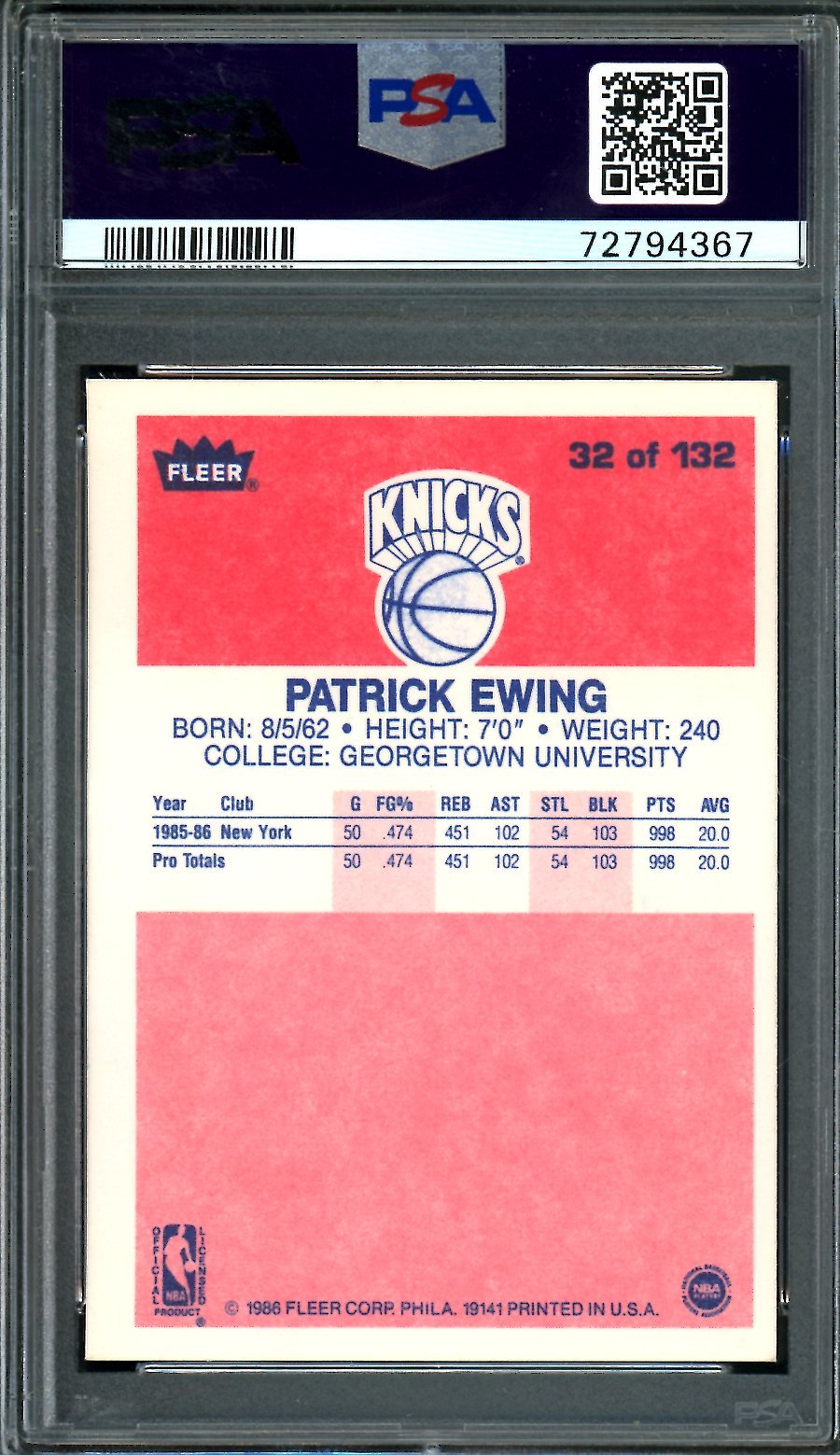 1986 Fleer Patrick Ewing PSA 7 Knicks - Trading Card Market