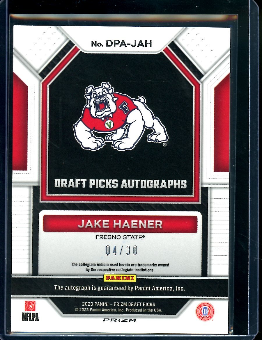 2023 Panini Prizm Draft Picks Jake Haener Auto Orange Pulsar /30 Fresno State - Trading Card Market
