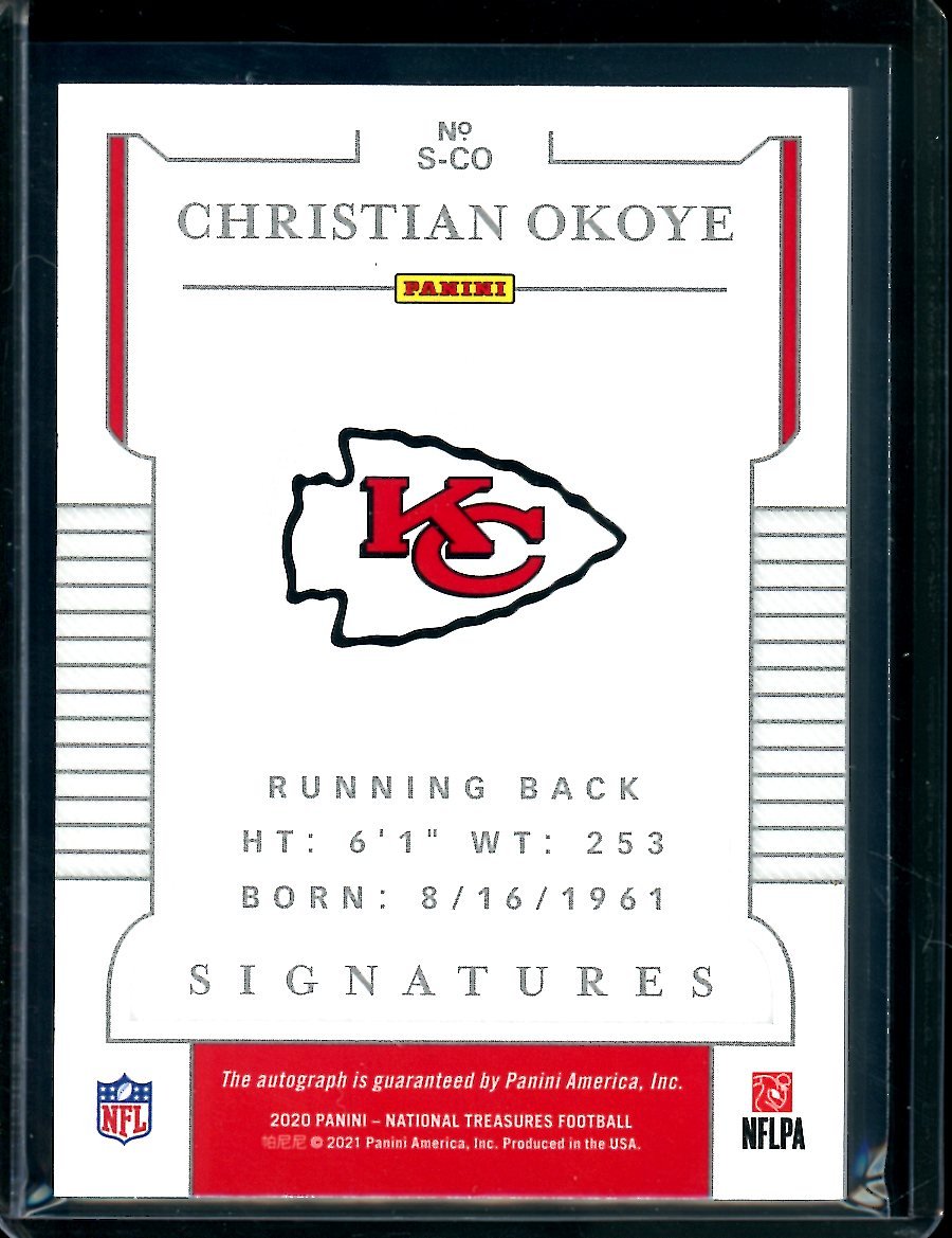 2020 Panini National Treasures Christian Okoye Auto Gold /10 Chiefs - Trading Card Market