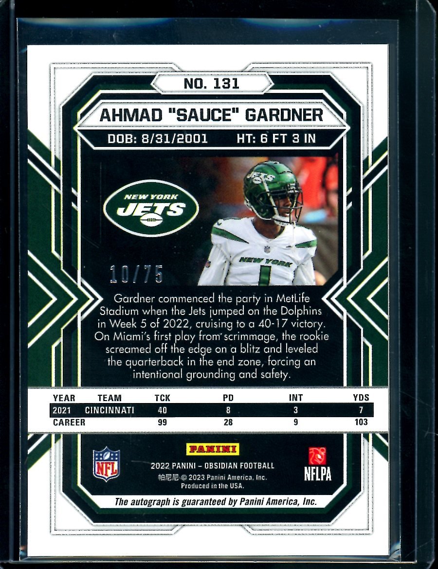 2022 Panini Obsidian Sauce Gardner Rookie Auto Orange Etch /75 Jets - Trading Card Market