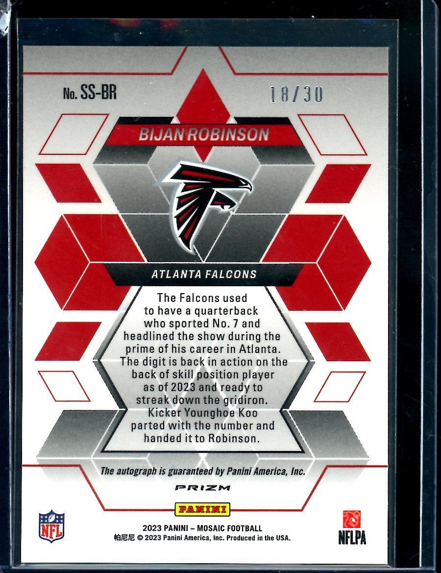 2023 Panini Mosaic Bijan Robinson Rookie Showtime Signatures Purple /30 Falcons - Trading Card Market