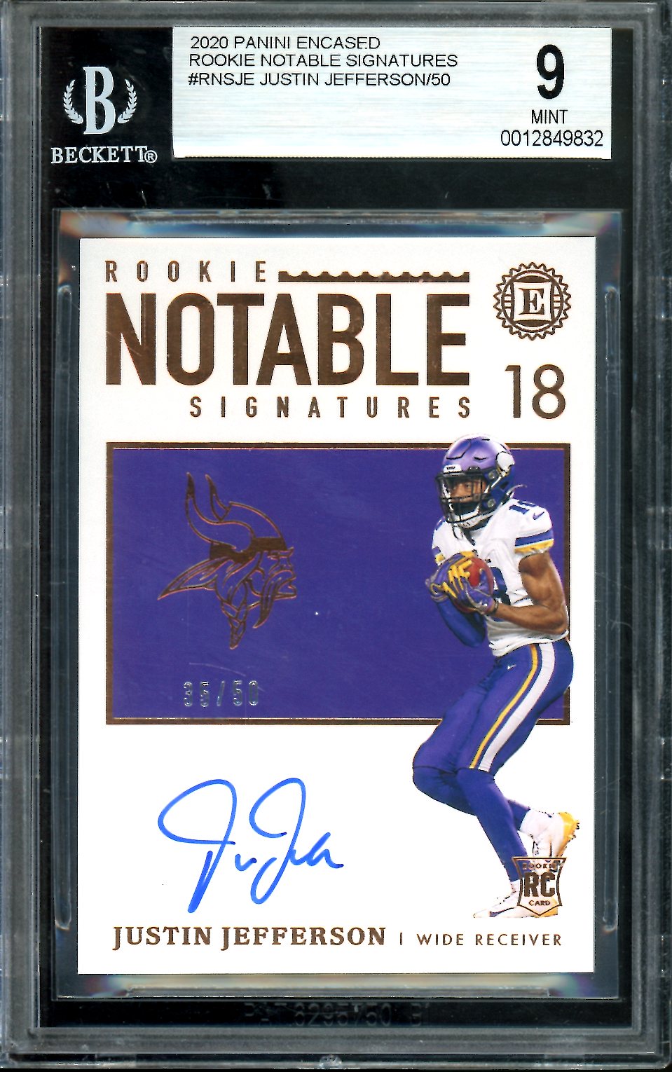 2020 Panini Encased Justin Jefferson Rookie Notable Signatures Auto /50 BGS 9 Vikings