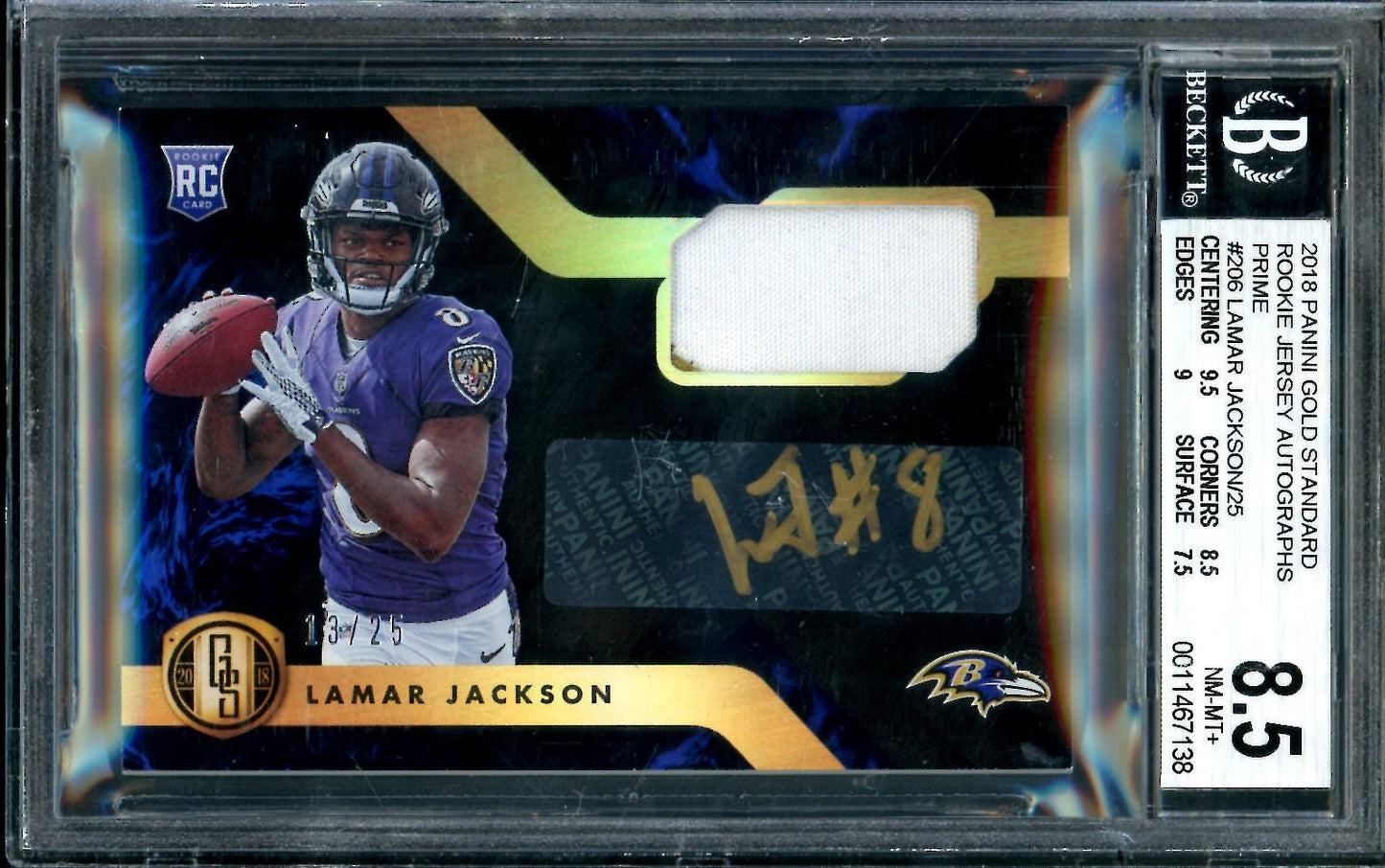 2018 Panini Gold Standard Lamar Jackson Rookie RPA /25 BGS 8.5 Ravens