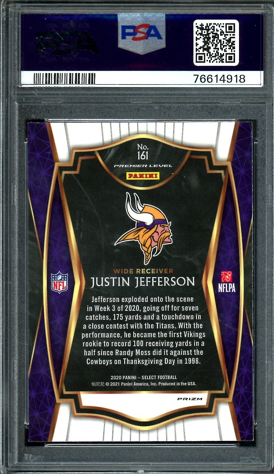 2020 Panini Select Justin Jefferson Rookie Silver Premier Level PSA 10 Vikings