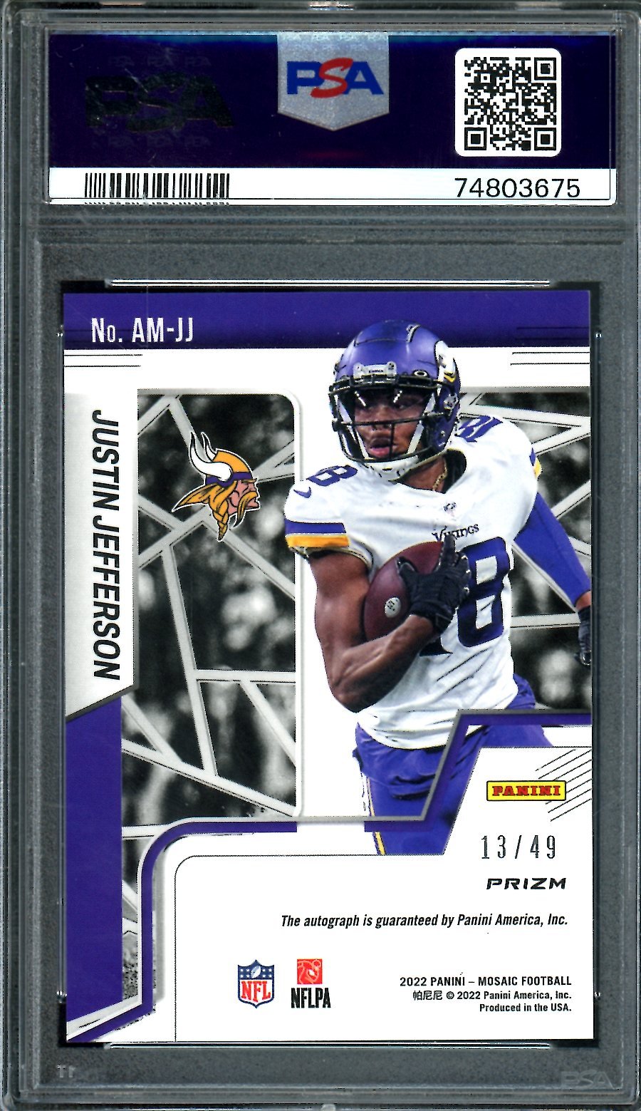 2022 Panini Mosaic Justin Jefferson Auto Purple /49 PSA 10 Vikings - Trading Card Market
